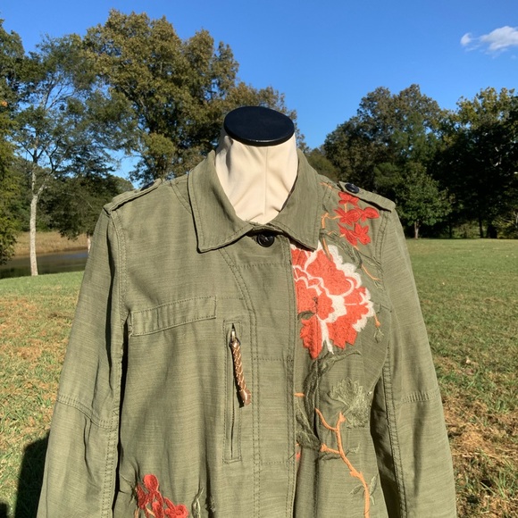 Anthropologie Hei Hei Floral Embroidered Field Utility Military  Green Jacket M - Picture 5 of 10